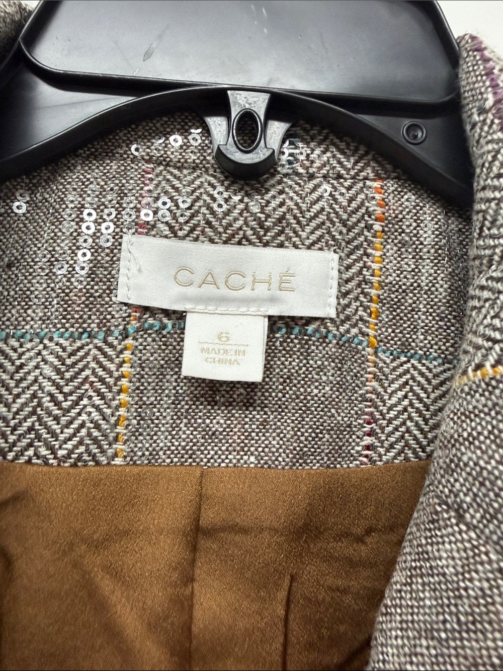 Cache Sequined Plaid Double-Breasted Blazer Jacket - Taupe - Picture 2 of 4